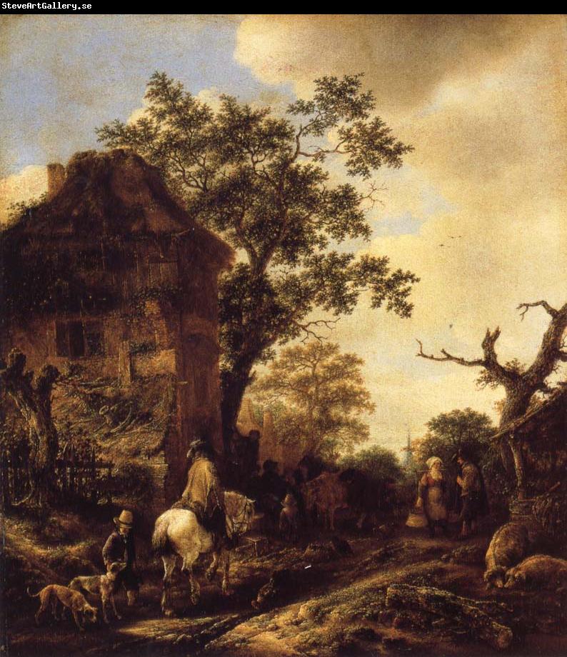 RUISDAEL, Jacob Isaackszon van The Outskirts of a Village,with a Horseman